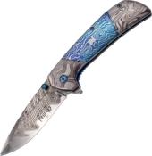 TH.K2816BL - Couteau THIRD Acier 3D Dcor Damas Bleu et Gris 11,5 cm Inox