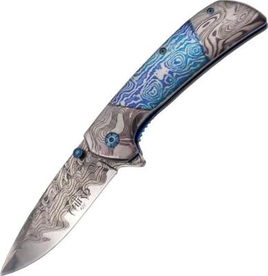 TH.K2816BL - Couteau THIRD Acier 3D Décoré Damas Bleu et Gris 11,5 cm Inox