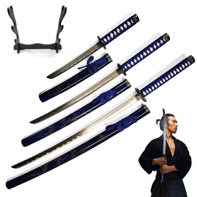 SETKWTBLUE - Set Samouraï Katana Wakizashi et Tanto Bleu avec Présentoir Bois