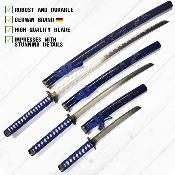 SETKWTBLUE - Set Samouraï Katana Wakizashi et Tanto Bleu avec Présentoir Bois