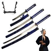 SETKWTBLUE - Set Samouraï Katana Wakizashi et Tanto Bleu avec Présentoir Bois