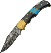 1215 Couteau Lockback Corne et Turquoise DAMASCUS