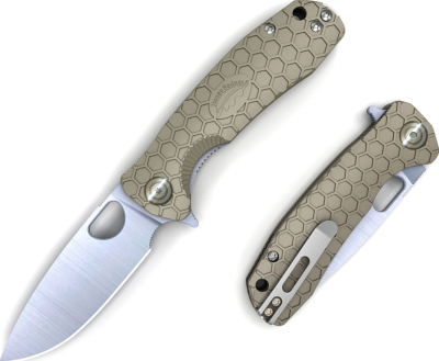 HO002 - Couteau HONEY BADGER Large Tan Drop Point Flipper