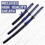 SETKWTBLUE - Set Samouraï Katana Wakizashi et Tanto Bleu avec Présentoir Bois